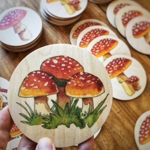 Birch Coaster Set Watercolor Printed Wood Coaster Red Mushroom Set image 6