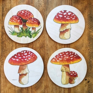 Birch Coaster Set Watercolor Printed Wood Coaster Red Mushroom Set image 3