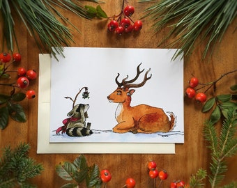 Raccoon and Deer Mistletoe Christmas Holiday Greeting Card