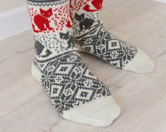 Wool hand-made socks with cat pattern, knitted socks, Christmas socks, Legs warmers, Estonian socks, gift ideas