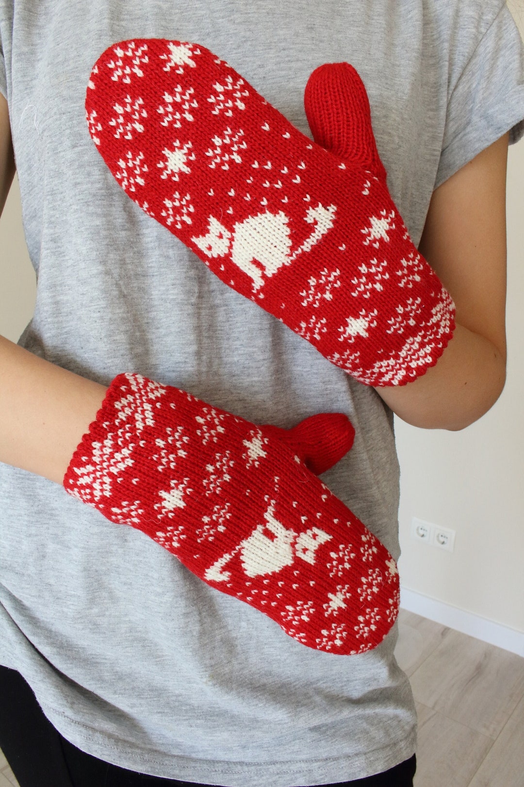 Hand-made Adult Mittens With Cat Pattern - Etsy