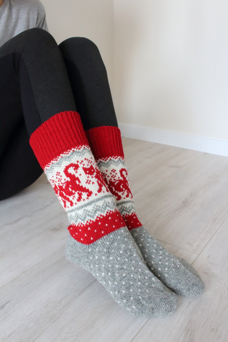 Wool handmade socks with cat pattern knitted socks Etsy
