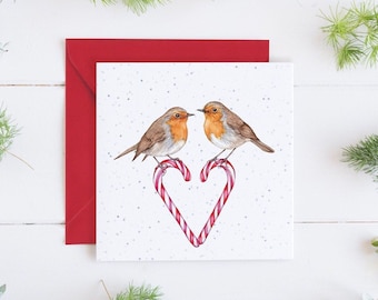 Candy Cane Robins Christmas Card, Sweethearts Watercolour Mum and Dad Couple Greetings Card