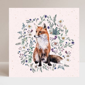 Carte d'anniversaire florale de renard, carte de voeux d'animal de la forêt illustrée à l'aquarelle