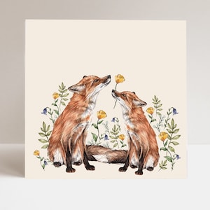 Floral Foxes Greetings Card, Yellow Roses Anniversary Personalised Birthday Card, Mother's Day Illustrated Card