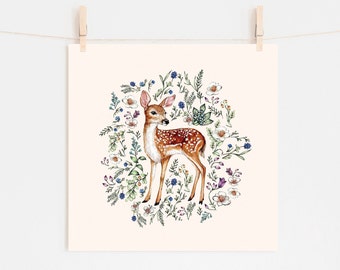 Watercolour Fawn Print, Wildflowers Botanical Deer, Floral Deer Nursery Artwork, Giclee Fine Art Print 8x8" 8x10" 10x10"