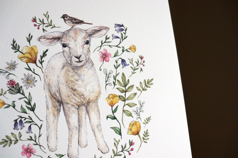 May include: A watercolor painting of a white lamb standing in a field of flowers. The lamb is surrounded by yellow, pink, and purple flowers, and a small bird is perched on its head.