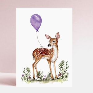 Carte de voeux Florence le faon, cerf avec ballon illustré à l'aquarelle, carte d'anniversaire animal pour maman soeur amie A6