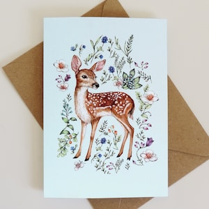 Watercolour Fawn Greetings Card, Wildflowers Deer Floral Animal Illustrated Personalised Birthday Card A6