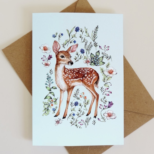 Watercolour Fawn Greetings Card, Wildflowers Deer Floral Animal Illustrated Personalised Birthday Card A6