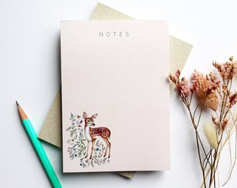 Woodland Fawn A6 Notepad, Floral Deer To-do List, Watercolour Illustrated Stationery Gift