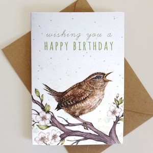 Carte de voeux troglodyte chirpy, carte d'anniversaire oiseau jolie carte illustrée aquarelle florale A6