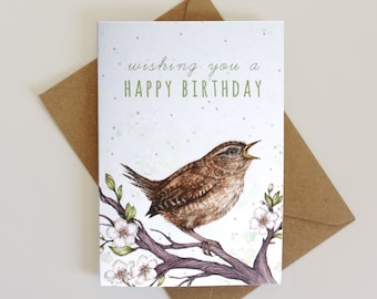 Chirpy Wren Greetings Card, Bird Birthday Card Cute Floral Watercolour Illustrated Card A6