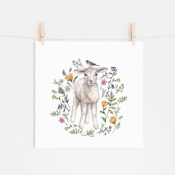 Watercolour Lamb Print, Wildflowers Botanical Spring Animal Floral Sheep Artwork, Nursery Art Print 8x8"