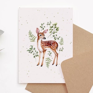 Carte de voeux botanique fauve et fougères, carte d'anniversaire cerf illustrée à l'aquarelle pour maman soeur amie A6