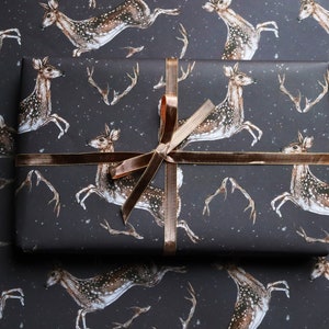 Christmas Deer Wrapping Paper, Snowy Deer Antlers Pattern, Leaping Deer Gift Wrap Sheets image 5