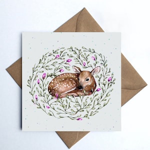 Carte de voeux petit faon, carte d'anniversaire cerf des bois pour maman, carte illustrée recyclable ami