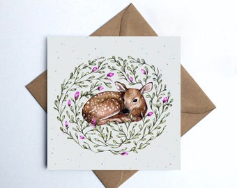 Little Fawn Greetings Card, Woodland Deer Birthday Card for Mum, Friend Illustrated Recyclable Card