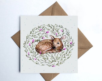 Little Fawn Greetings Card, Woodland Deer Birthday Card for Mum, Friend Illustrated Recyclable Card