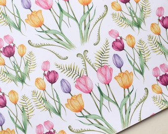 Tulip Floral Wrapping Paper, Watercolour Botanical Paper, Birthday Flowers Plant Lovers Gardener Gift Wrap Sheets