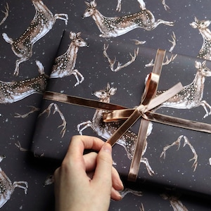 Christmas Deer Wrapping Paper, Snowy Deer Antlers Pattern, Leaping Deer Gift Wrap Sheets image 1