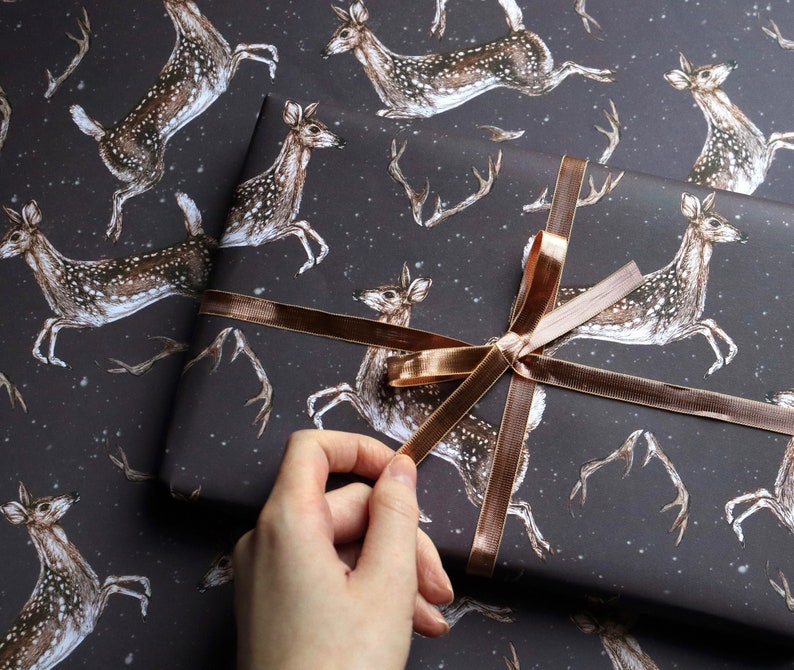 Christmas Deer Wrapping Paper, Snowy Deer Antlers Pattern, Leaping Deer Gift Wrap Sheets image 1