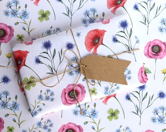 Wildflowers Floral Wrapping Paper, British Meadow, Watercolour Botanical Paper, Birthday Plant Lovers Gardener Gift Wrap Sheets