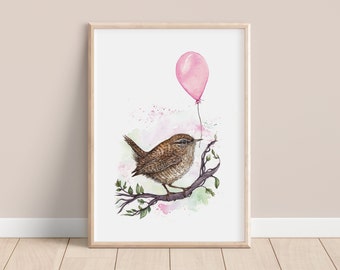 Watercolour Wren Print, Balloon Cute Watercolour Illustrated Bird, Kids Nursery Artwork, Giclee Fine Art Print A4 A5, Rue the Wren