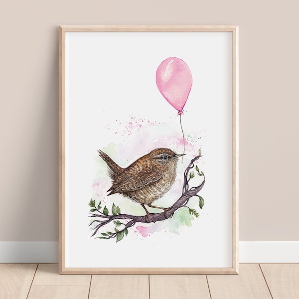 Watercolour Wren Print, Balloon Cute Watercolour Illustrated Bird, Kids Nursery Artwork, Giclee Fine Art Print A4 A5, Rue the Wren