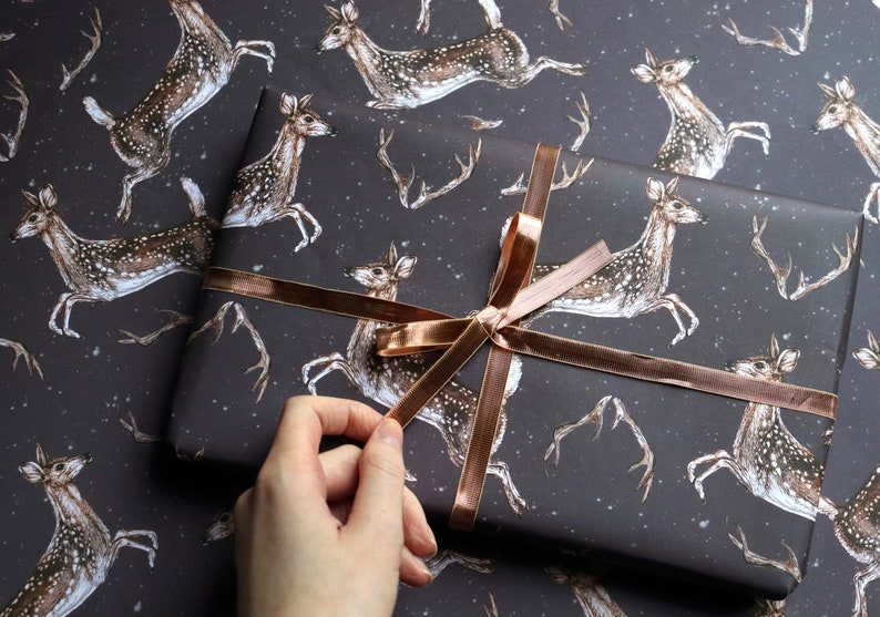 Christmas Deer Wrapping Paper, Snowy Deer Antlers Pattern, Leaping Deer Gift Wrap Sheets 