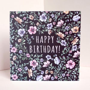 Botanical Birthday Greetings Card, Floral Watercolour Black Card, Illustration Flowers Happy Birthday Mum Grandma Card