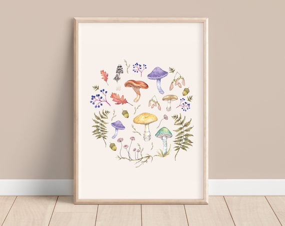 Watercolour Mushroom Fungi Print, Autumn Cottagecore Artwork, Nature Wall Art, Giclee Fine Art Square Print 8x8" or 10x10" A4