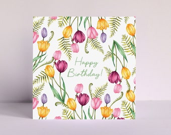 Springtime Tulip Personalised Card for Mum Grandma Friend Sister, Floral Watercolour Illustrated Birthday Greetings Card