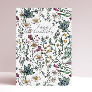Botanical Birthday Card, Floral Watercolour Illustrated Wildflower Greetings Card A6