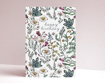 Botanical Birthday Card, Floral Watercolour Illustrated Wildflower Greetings Card A6