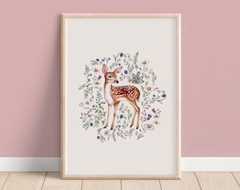 Watercolour Fawn Print, Wildflowers Botanical Deer, Floral Deer Nursery Artwork, Giclee Fine Art Print 8x10" 8x10" A4 10x10"