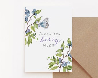 Blueberry Thank you Greetings Card, Watercolour Cute Thank You Illustrated Butterfly A6 Card