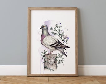 Pigeon Watercolour Print, Cute Illustrated Bird Artwork, Giclee Fine Art Print A4 A5 - Mr Pigeon