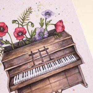 Watercolour Piano Greetings Card, Floral Notes, Pianist Music Teacher Thank You Illustrated A6 Birthday Card image 3