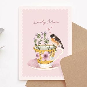 Belle maman, tasse à thé vintage florale et oiseau, carte rose illustrée pour la fête des mères 5 x 7"