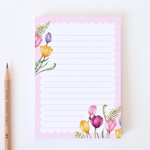 Bloc-notes tulipes A6, liste de tâches florales pastel, cadeau de papeterie illustrée à l'aquarelle
