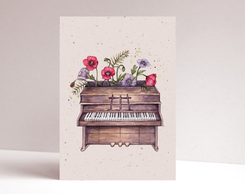 Watercolour Piano Greetings Card, Floral Notes, Pianist Music Teacher Thank You Illustrated A6 Birthday Card image 5