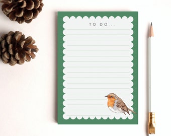 Winter Robin A6 Notepad, Christmas Shopping To-do List, Watercolour Illustrated Stationery Gift