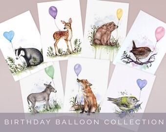 Pack of Animal Birthday Balloon Greetings Cards, Illustrated Birthday Cards, Cute Floral Nature Inspired Watercolour Recycled A6