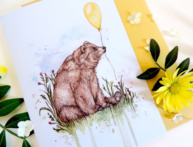 Bodie the Bear Greetings Card Birthday Balloon Cute Watercolour Illustrated Animal Card A6 image 3