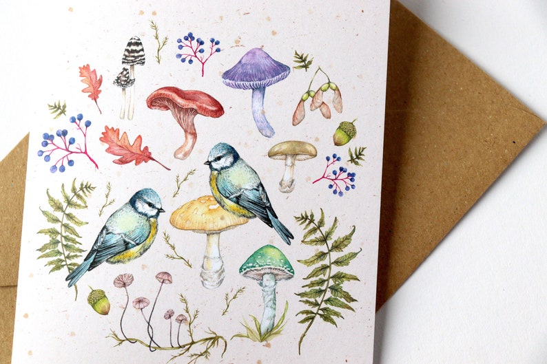 Autumnal Woodland Mushrooms Greetings Card, Watercolour Illustrated Botanical Birthday Card A6 image 2