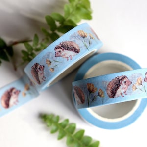 Hedgehog Washi Tape Buttercup Floral, Scrapbook Journal, Watercolour Cute Woodland Animal Blue Tape, Illustrated Stationery Gift