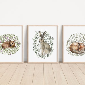 Set of 3 Watercolour Animal Illustrated Prints, Deer Fox Hare Artwork, Fawn Woodland Painting, Nursery Nature Print 8x10&quot; 5x7&quot; A4