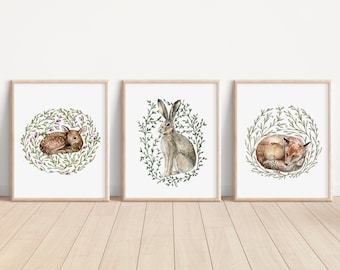 Set of 3 Watercolour Animal Illustrated Prints, Deer Fox Hare Artwork, Fawn Woodland Painting, Nursery Nature Print 8x10" 5x7" A4