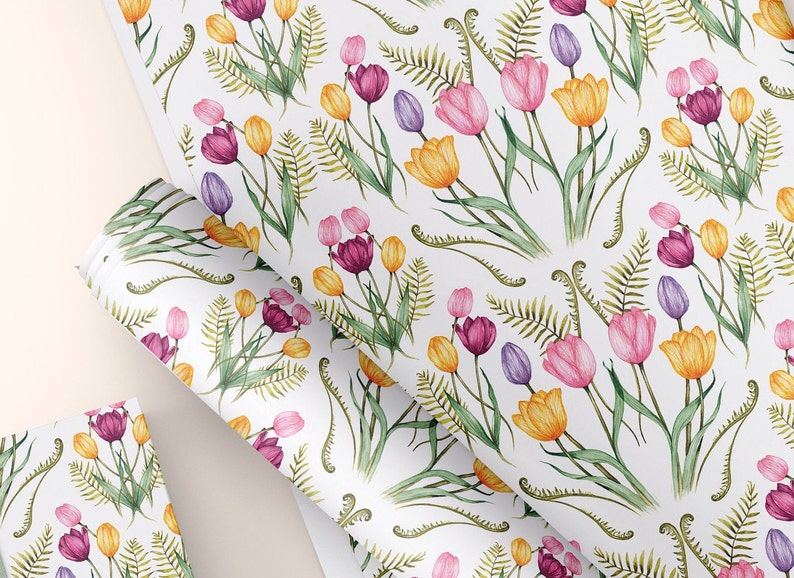 Tulip Floral Wrapping Paper, Watercolour Botanical Paper, Birthday Flowers Plant Lovers Gardener Gift Wrap Sheets image 2